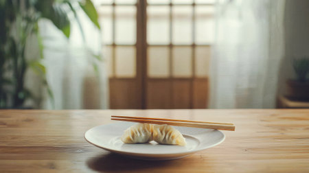 Close-up of Chopsticks Holding a Dumpling on a Plate in a Sunlit Room. Concept of Asian Cuisine, Cultural Dining, Culinary Art, and Tranquil Meals.の写真素材