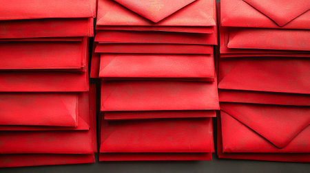 Vibrant Display of Neatly Stacked Red Envelopes in Market Stall Setting. Concepts of Cultural Traditions, Festive Celebrations, Abundance, and Luck. Chinese New Year.の写真素材