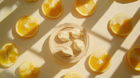 Overhead View of Dumplings in a Bamboo Steamer Surrounded by Orange Slices Concept of Asian Cuisine,...