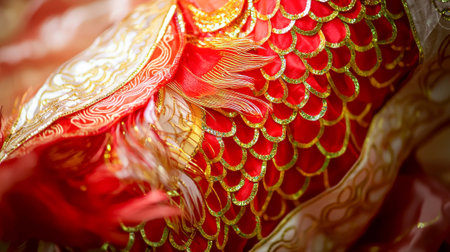 Close-Up of Vibrant Red Dragon Dance Costume Featuring Intricate Scales and Gold Detailing. Concept of Cultural Festivities, Celebration, Traditional Art Chinese New Year. Abstract Background.の写真素材