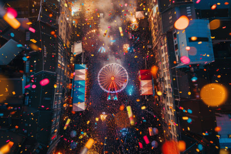 Aerial View of a Vibrant Nighttime Carnival with Colorful Tents and Ferris Wheel. Concepts of Celebration, Entertainment, and Festive Atmosphere. Brazilian Carnival.の写真素材