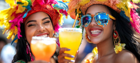 Joyful Brazilian Women Celebrating Carnival with Colorful Costumes and Refreshing Cocktails, Smiling...