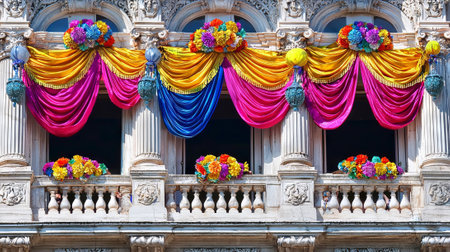 Decorative Balcony with Colorful Drapes and Flowers at Brazilian Carnival Celebrations. Concept of Festive Decorations, Lively Traditions, Cultural Celebration, and Vibrant Festivity.の写真素材
