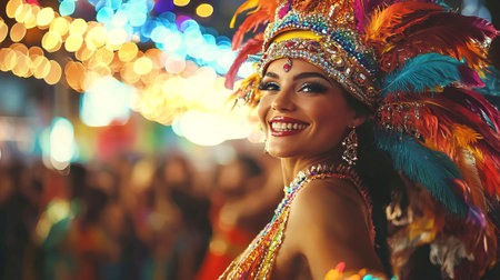 Vibrant Brazilian Carnival Celebration with Smiling Woman in Colorful Samba Attire. Concept of...