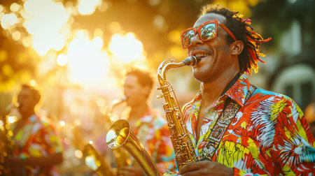 Vibrant Male Musician Playing Saxophone at Brazilian Carnival Celebration. Concept of Joyful...