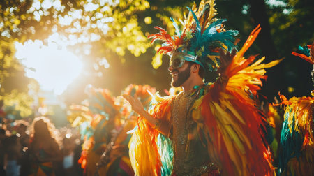 Colorful Brazilian Carnival Celebration with Smiling Man in Vibrant Feathered Costume at Sunset,...