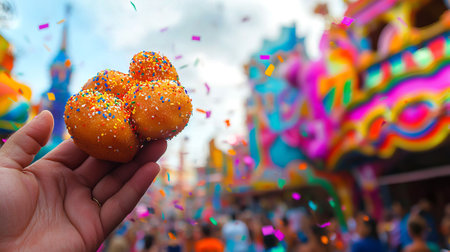 Colorful Brazilian Carnival Celebration with Hand Holding Sprinkled Pastry Amidst Vibrant...