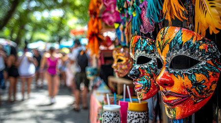 Colorful Brazilian Carnival Stall with Vibrant Masks and Accessories. Concept of Festive...