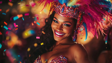 Joyful Brazilian Woman in Colorful Samba Costume Celebrating at Carnival with Vibrant Feathers and...
