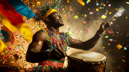 Vibrant Brazilian Carnival: African American Man Joyfully Playing Drums Amidst Colorful Confetti...