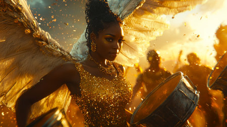 Elegant Woman Samba Dancer with Angelic Wings and Golden Costume at Brazilian Carnival. Concept of...