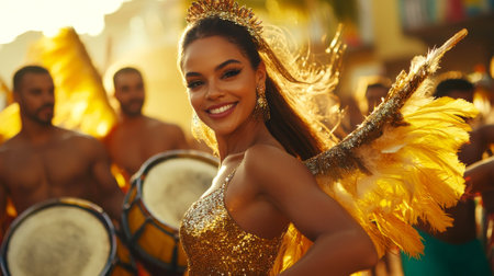 Brazilian Carnival Celebration with a Smiling Woman Samba Dancer in Sparkling Gold Costume and...