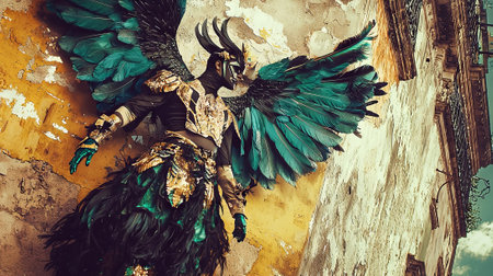 Colorful Carnival Performer in Extravagant Feathered Costume Resting Against Historic Wall. Concept of Brazilian Festival, Cultural Celebration, Vibrant Costumes, Artistic Expression.の写真素材