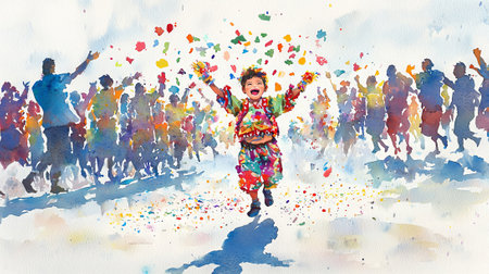 Excited Hispanic Child Celebrating at Brazilian Carnival in Colorful Traditional Costume. Concept of Cultural Festivities, Joyful Celebrations, Heritage, and Community Spirit.の写真素材