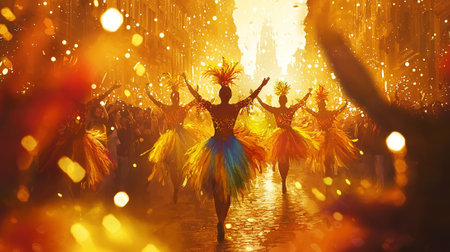 Vibrant Brazilian Carnival Parade with Dancers in Feathered Costumes, Celebration of Culture,...