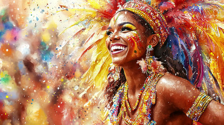 Celebratory African American Woman in Vibrant Costume Enjoying Rio Carnival. Concept of Festive...