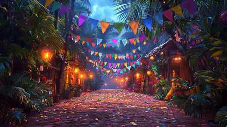 Colorful Festive Street Celebration in Tropical Village at Night. Concept of Cultural Festivals,...