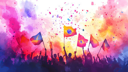 Vibrant Brazilian Carnival Watercolor Art Depicting Colorful Flags and Festive Atmosphere. Concept of Culture, Celebration, Artistic Expression, Festivity in Brazil.. Copy space.の写真素材