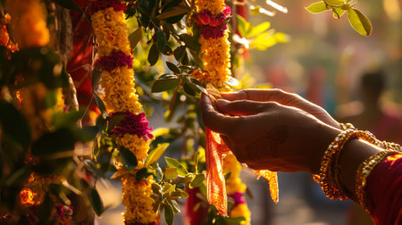 Elegant Indian Devotee's Hand Adorning Floral Garland during Celebration at Sunrise.の写真素材