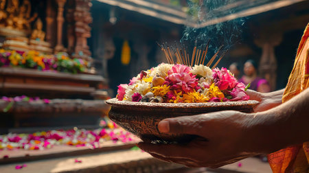 Devotee Offering Flowers and Incense at Indian Temple Altar Concept of Spiritual Devotion Cultural...