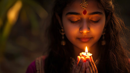 Young Indian Woman Holding a Candle with Eyes Closed during Maha Shivaratri. Concept of Peaceful...