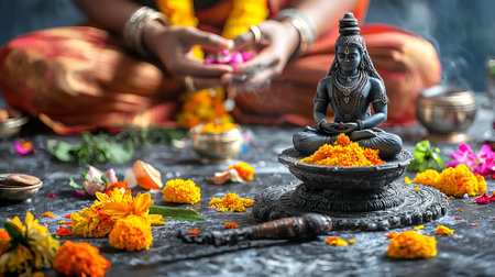 Close-Up of Hands Placing Offerings During Indian Maha Shivaratri. Concept of Hindu Rituals,...