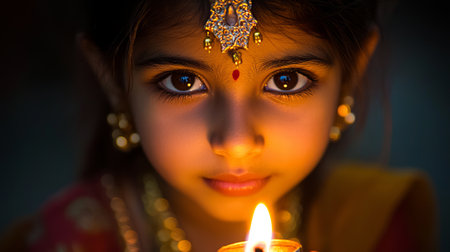 Indian Girl Celebrating Maha Shivaratri Holding a Candle Close-Up. Concept of Cultural Tradition,...