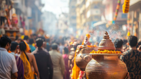 Bustling Street Scene with People Celebrating Festival. Concept of Cultural Heritage, Community Gathering, Traditional Rituals, Joyful Festivity.の写真素材