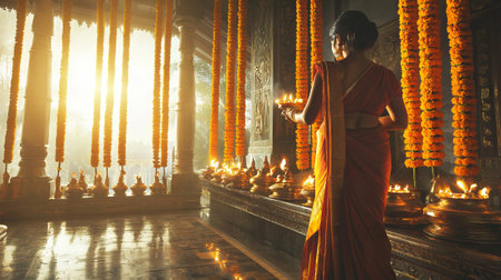 Indian Woman in Vibrant Sari Celebrating Maha Shivaratri in Sunlit Temple. Concept of Cultural...