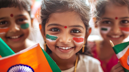 Smiling Indian Girls Celebrating Republic Day with Face Paint and Flags - Concept of Cultural Pride,...
