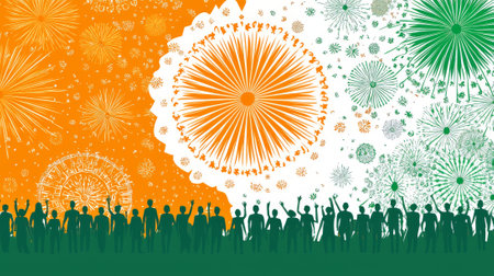 Vibrant Fireworks Display Celebrating Republic Day of India with Diverse Crowd in Festive Atmosphere. Concept of National Pride, Unity, Cultural Celebration. Copy space. Background.の写真素材