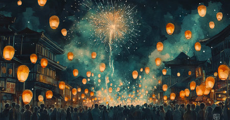 Festive Night Celebration with Lanterns and Fireworks in Watercolor Art. Concept of cultural tradition, community festival, night sky wonder, and artistic expression.の写真素材