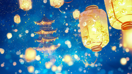 Chinese New Year Celebration Art with Illuminated Lanterns and Pagoda in Starry Night Sky. Concept of Festive Traditions, Asian Culture, Nighttime Serenity, Festive Atmosphere. Copy space.の写真素材