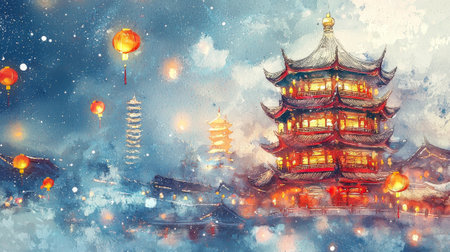 Chinese New Year Watercolor Art of Illuminated Pagoda with Lanterns and Snow. Concept of Cultural...