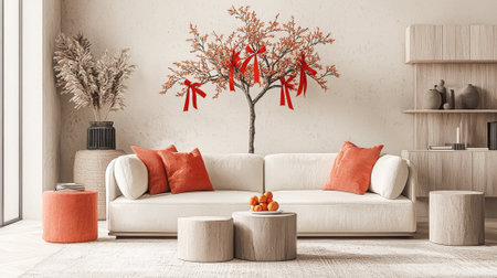 Living Room with White Sofa and Orange Decor Featuring a Decorative Blossom Tree. Concept of Modern Interior Design, Warm Atmosphere, Cozy Living Space, and Contemporary Elegance. Chinese New Year.の写真素材