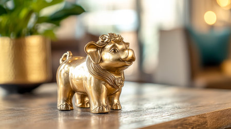 Golden Dog Figurine on Wooden Table with Lush Green Plant in Background. Concept of Home Decor, Prosperity, Luck, Interior Aesthetics, and Tranquil Living Spaces. Chinese New Year. Copy space.の写真素材