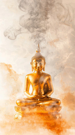 Golden Buddha Statue Illustration with Incense Smoke and Spiritual Calmness. Concept of Meditation, Asian Art, Serenity, and Tranquility. Chinese New Year. Vertical.の写真素材