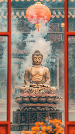 Serene Buddha Statue with Incense Smoke Amidst Vibrant Chinese New Year Decor. Concept of tranquility, cultural celebration, meditation, spiritual peace. Chinese New Year. Vertical.の写真素材