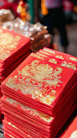 Chinese New Year Celebration Illustration Featuring Neatly Stacked Red Envelopes with Golden Designs - Concept of Tradition, Prosperity, Festivity, and Culture. Vertical.の写真素材