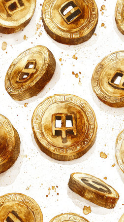 Chinese New Year Watercolor Art of Scattered Gold Coins Concept of Prosperity, Wealth, and Traditional Celebration. Vertical.の写真素材
