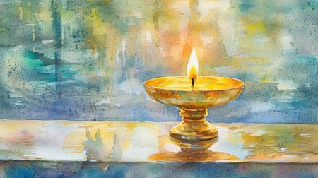 Watercolor Art of a Golden Candle Illuminating Warm Light, Concept of Chinese New Year Celebration, Tranquility, Spiritual Reflection, and Festive Ambiance. Copy space.の写真素材