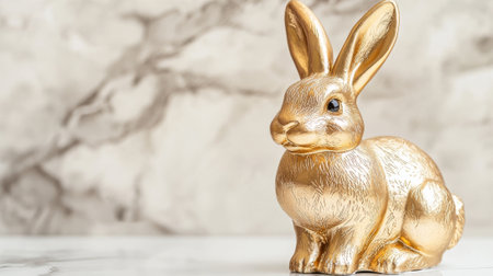 Golden Rabbit Sculpture Against Marble Background. Concept of Elegance, Art, Chinese New Year Symbol, and Luxury Decor. Copy space.の写真素材