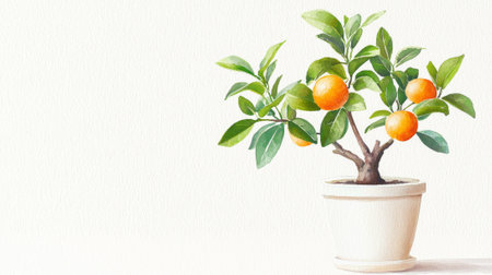 Chinese New Year Miniature Orange Tree in Pot Watercolor Art Celebrating Prosperity and Tradition. Copy space.の写真素材