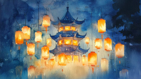 Chinese New Year Nighttime Pagoda with Glowing Lanterns in Watercolor Art. Concept of Cultural Celebration, Lantern Festival, Traditional Artistry, Festive Atmosphere.の写真素材