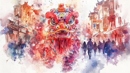 Vibrant Chinese New Year Watercolor of a Lion Dance in the Streets - Celebration, Tradition, Culture, Asian Art.の写真素材