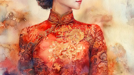 Elegant Asian Woman Wearing Traditional Red Dress in Beautiful Watercolor Art. Concept of Cultural Heritage, Artistic Fashion, and Asian Elegance. Chinese New Year.の写真素材