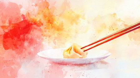 Watercolor of Chopsticks Holding Dumpling on Plate with Vibrant Colors. Concept of Chinese Cuisine, Food Art, Culinary Delicacy, Festival Celebration. Chinese New Year. Copy space.の写真素材