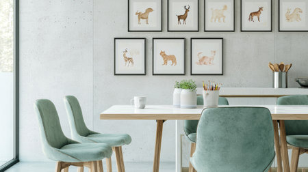 Modern Dining Room with Pastel Chairs and Framed Animal Art. Concept of Home Decor, Minimalist...