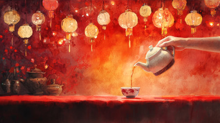 Chinese New Year Celebration with Lanterns and Tea Pouring Illustration: Concept of Festive Traditions, Cultural Heritage, Warm Gatherings, and Holiday Spirit.の写真素材