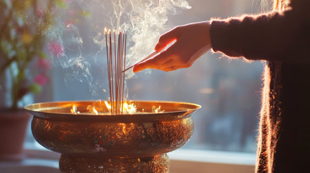 Asian Woman's Hand Placing Incense Stick in Golden Holder During Chinese New Year Celebration...